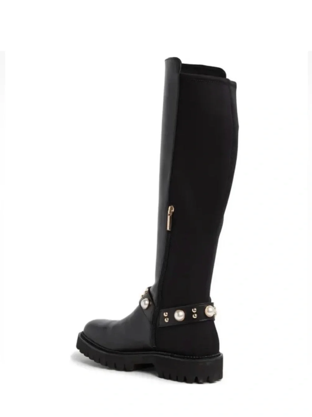 Bougie Black Pearl-Studded Karl Lagerfeld Leather Knee-High Combat Boots - NEW 8